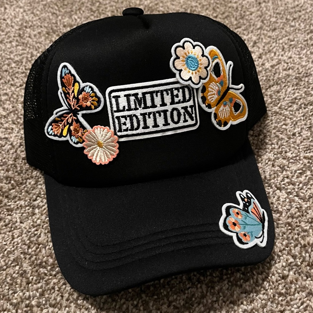 Limited Edition Black Cap with Butterfly and Floral Patches